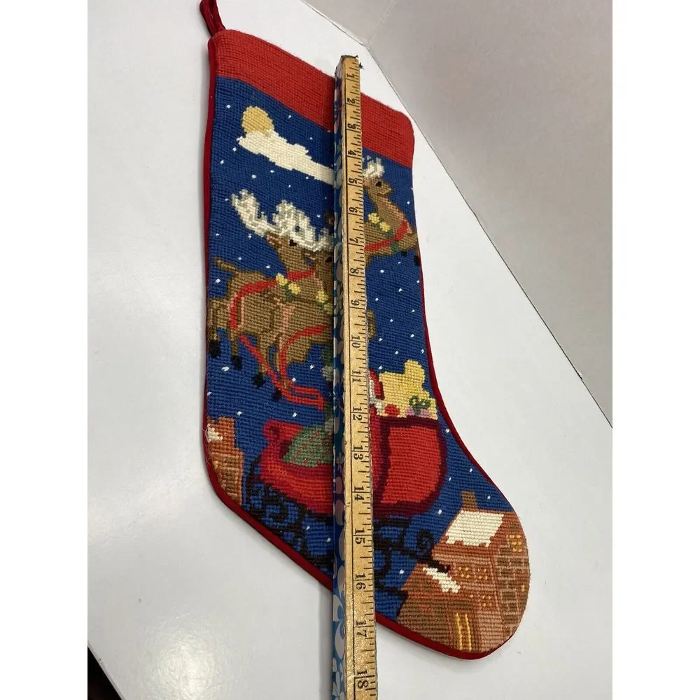 Vtg Stocking Santa Reindeer Needlework Pattern Velvety Back Christmas H9‎